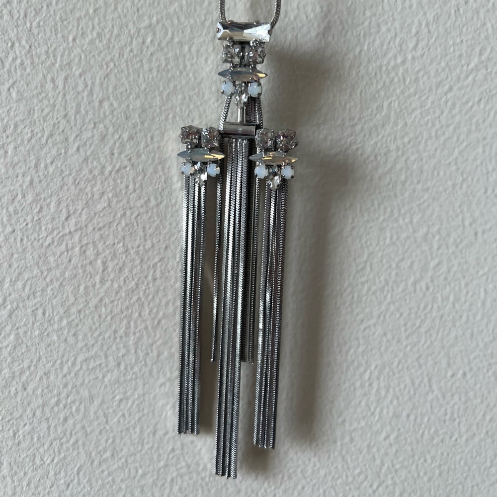 Express Silver Geometric Statement Piece Necklace Crystal Accents Long Silver